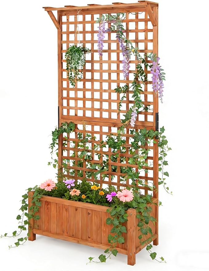 COSTWAY Raised Garden Bed with Trellis Indoor &amp Outdoor Wooden Planter Box with Hanging Roof Drainage Holes Freestanding Vertical Planter for Vines Climbing Plants Flowers Vegetables