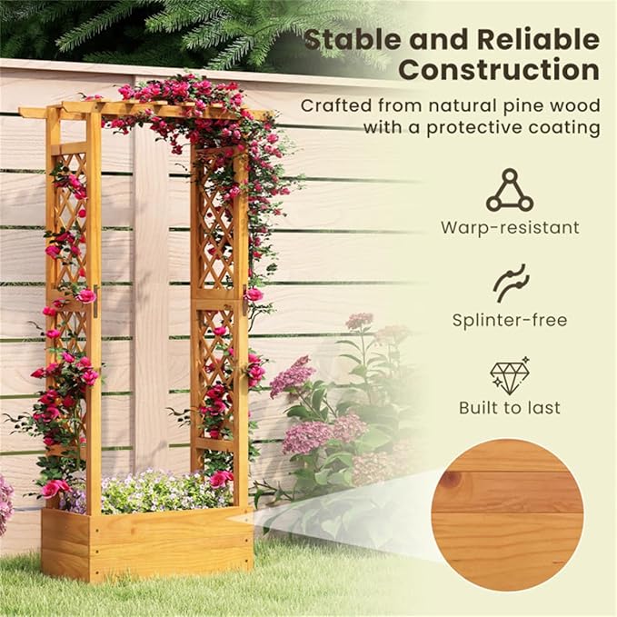 60 Tall Pine Wooden Raised Garden Bed with Trellis &amp Flat Roof Planter Box for Climbing Plants Outdoor Planting Stand Roof Climbing Plant Support Raised Beds Backyard Planter Wooden Garden Pla
