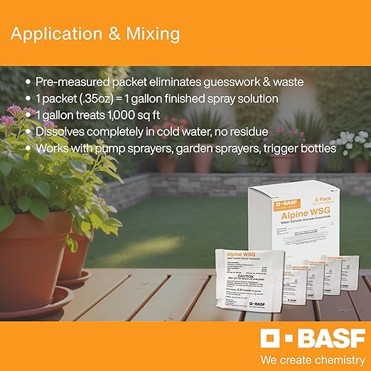 BASF Alpine WSG Insecticide Water Soluble Granules for Indoor &amp Outdoor Pest Control Kills Ants Flies Bed Bugs German Cockroaches – 5 x 0.35 oz Packets (Each Makes 1 Gallon for 1000 sq ft)