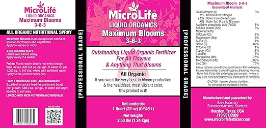 MicroLife Maximum Blooms (3-8-3) Professional Grade Organic Liquid Fertilizer Concentrate for All Flowers and Anything That Blooms 1 Quart