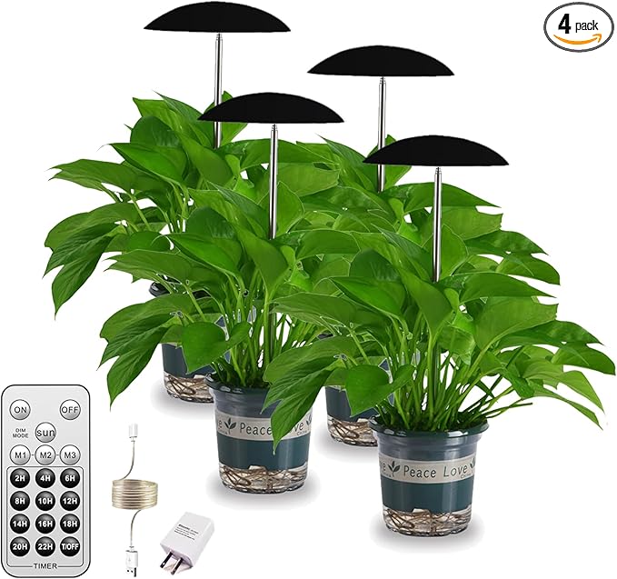 LED Grow Lights for Indoor Plants 4 Pack Smart USB Small Full Spectrum Plant Lights with Remote Height Adjustable Auto On/Off Timer Ideal for Home Decoration Black