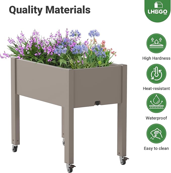 Raised Garden Bed with Wheels - Outdoor Mobile Elevated Resin Planter Box with Drainage Holes for Vegetables Flower Herbs (1 Pack Gray)