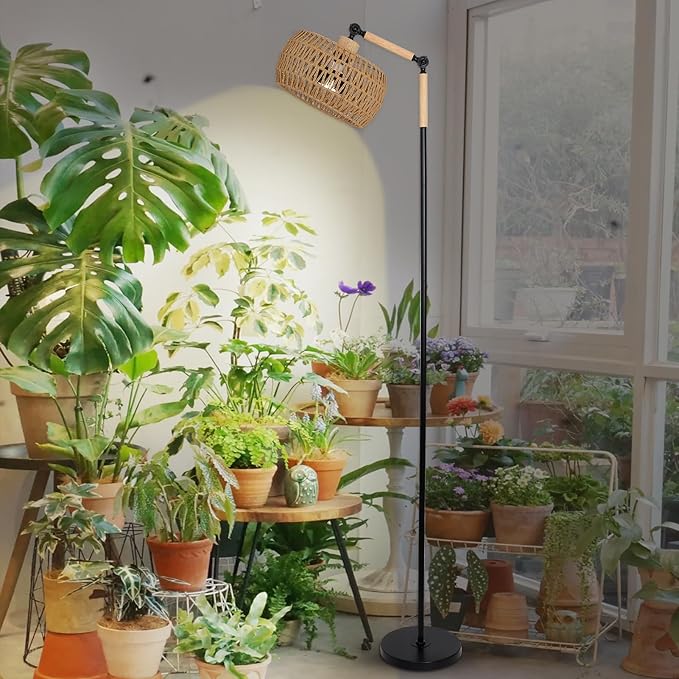 HMVPL Grow Lights for Indoor Plants Full Spectrum Plant Lights for Indoor Growing with 20W COB Grow Blub Rattan Shade Timer Standing Tall Grow Lamp for Middle Large Plants(75'' Height Adjustable)