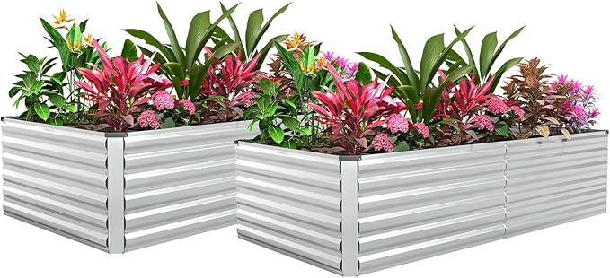 FOOWIN 2pcs 8x4x2ft Galvanized Raised Garden Bed Planter Raised Garden Boxes Outdoor Large Metal Raised Beds for Gardening Garden Bed for Vegetables Flowers Herb478 Gallon Capacity Silver