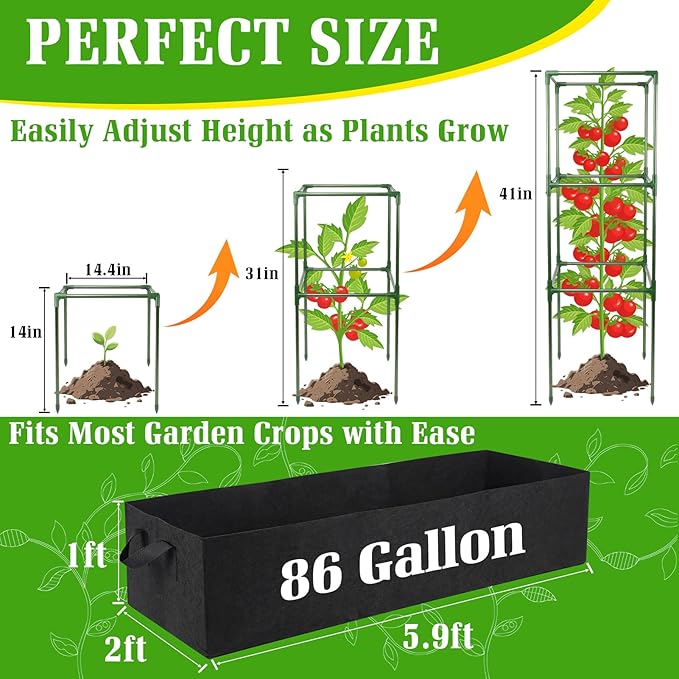 3-Pack Tomato Cage with 86 Gallon Raised Garden Bed - Anti Collapse Steel Core Plant Support System for Climbing Vegetables Plants Flowers 41 Adjustable Vertical Tomato Trellis for Garden Balcony