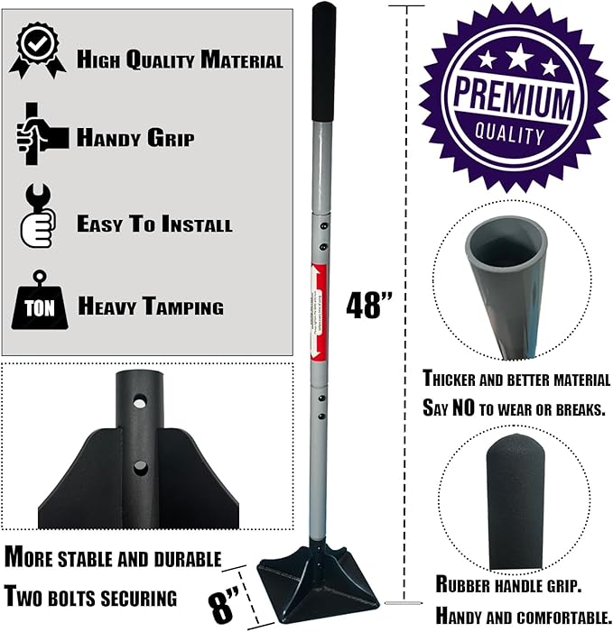 Heavy Duty Steel Tamper 10x10 with 48 inch Ergonomic Handle and Rubber Foam Grip -Garden Landscaping Hand Rammer Compactor for Earth Gravel and Dirt Pavement Compaction Paver Tool Trash Tamper