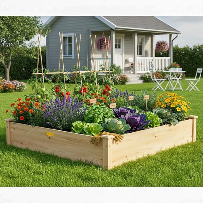 Hollyone 48 X 48 inches Wood Raised Garden Bed Frame Planters Wooden Elevated Planting Planter Box for Outdoor Herb Vegetables Flowers Grass Lawn Yard Patio - Natural 4×4ft