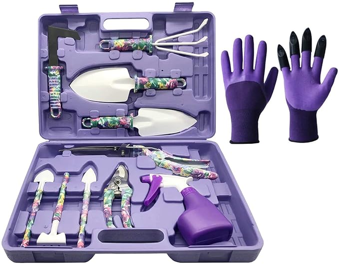 Garden Tool Set 11 Pcs Gardening Tools Purple Floral Print. Best Gift for Women: Handle Trowel Rake Pruning Shear Sprayer Shovel and Gloves That Includes a Pruning Shears Carrying Case