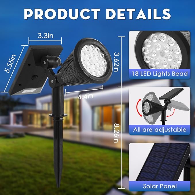 Solar Spot Lights Outdoor 2-in-1 Wall Mount &amp Ground Stake 18 LEDs with 2 Lighting Modes 7 Colors Changing IP65 Waterproof Solar Landscape Lights for Garden Pathway Yard Patio (2 Pack)