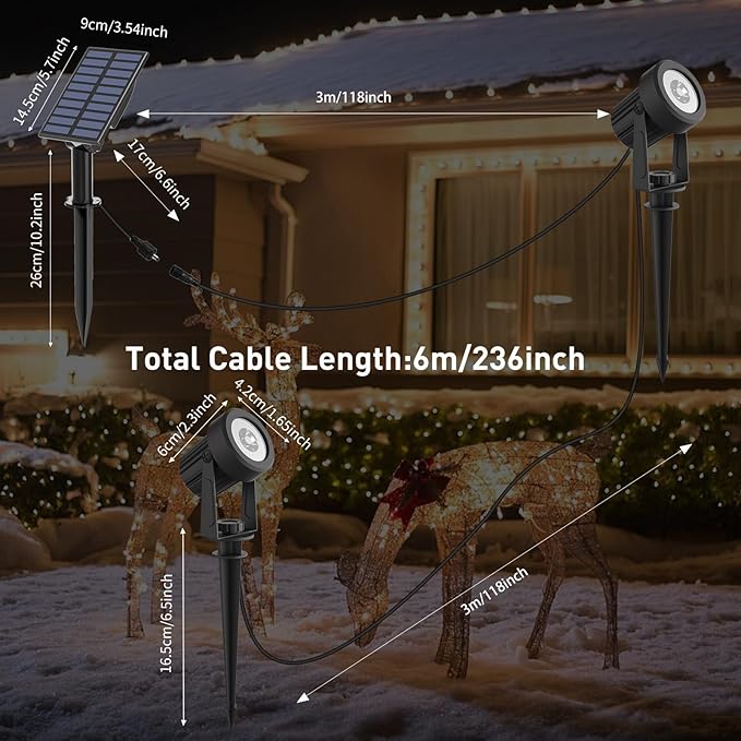 T-SUNUS Solar Landscape Spotlights White 6000K IP65 Waterproof Spot Lights 9.8ft Cable Outdoor Separated Panel for Yard Garden Driveway Porch Walkway Pool Patio