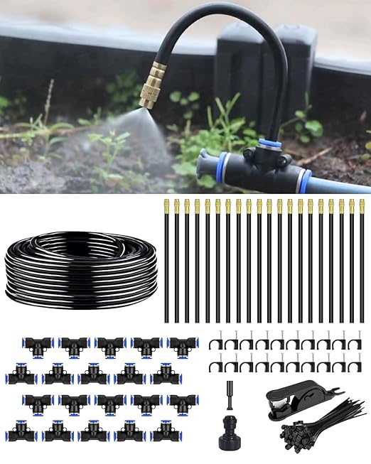 Drip Irrigation System for Watering Garden: 65FT 360° Hydroponic Misting Device Kit with Quick Connector Hose Barbed Accessories for Potted Plants Outdoor Indoor Greenhouse Raised Beds