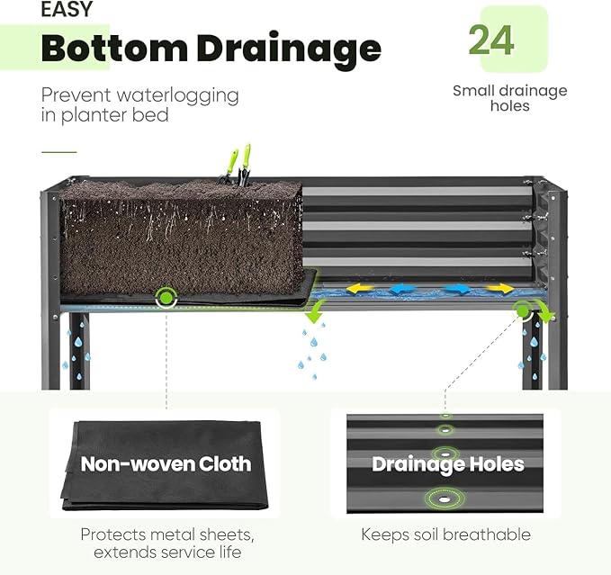 KING BIRD Raised Garden Bed with Irrigation System and Legs Galvanized Elevated Planter Box for Backyard Patio Balcony 600lb Capacity Dark Grey 70.9x22.8x31.5 in