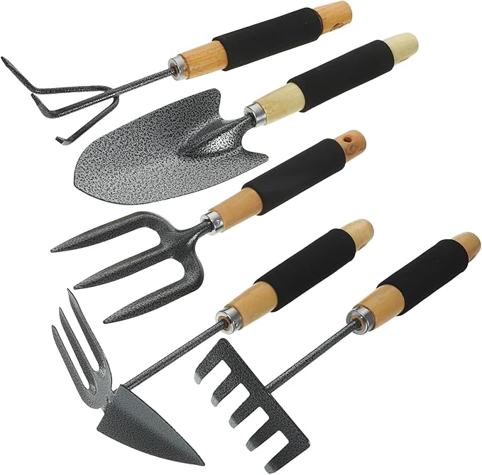 DOITOOL 5pcs Garden Tool Set with Shovel Five-Tine Rake Hoe Cultivator and Two-Ended Weeder – Outdoor Gardening Hand Tools Kit for Planting and Soil Cultivation