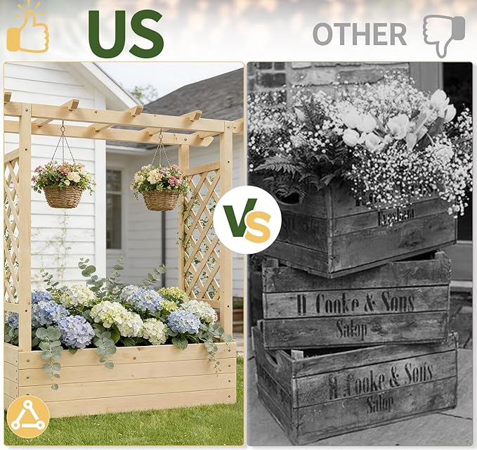 Outvita Raised Garden Bed with Trellis Wood Planter Box with Hanging Roof Side Trellis and Drainage Holes Above Ground Elevated Garden Bed for Outdoor Climbing Plants Vegetables (Natural Wood)