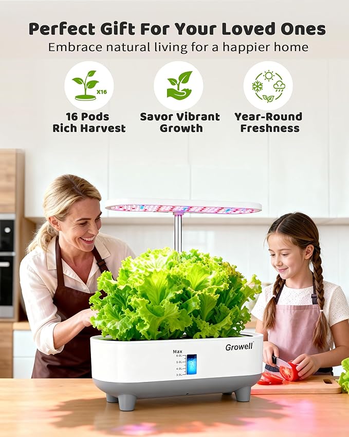 Hydroponics Growing System Kit 16 Pods Vertical 8L Indoor Gardening System for Herb Vegetable Fruit with LED Grow Light Smart Water Circulation 3 Light Modes &amp 2 Timer White