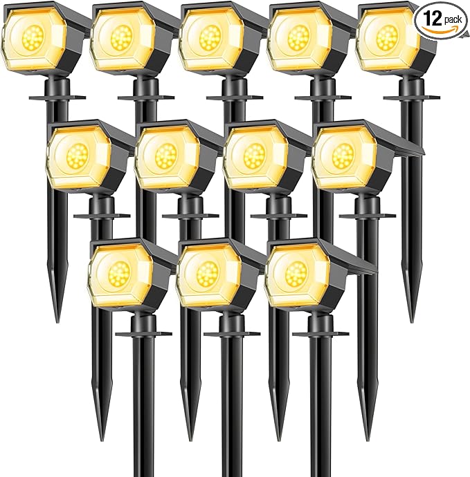 12 Pack Solar Spot Lights Outdoor Solar Spotlights Outdoor Waterproof 2-in-1 Auto On/Off Landscape Lighting for Outside Yard Wall Garden Pathway(Warm White)