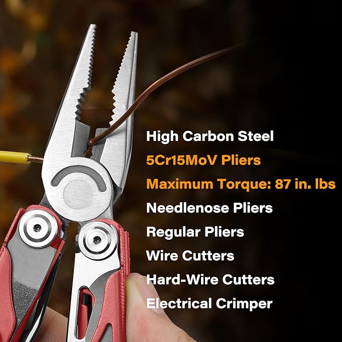 Multitool 21-in-1 Multi Tool Pliers with Safety Locking and Spring-Action Scissors Heavy-duty Stainless Steel Multi-tool Set with Nylon Sheath for Work Home Garden DIY &amp Auto Brick Red