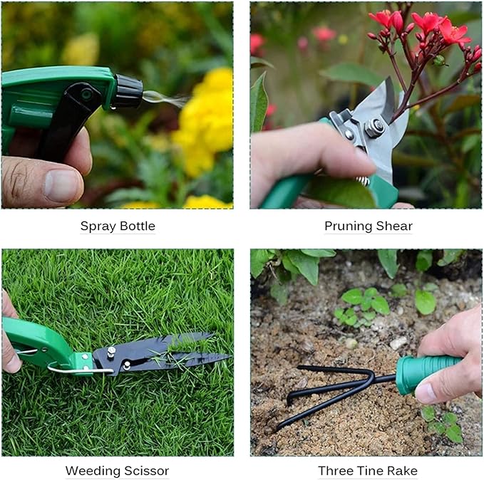 Garden Tools Set 10 PCS Garden Planting Tools Kit Stainless Steel Garden Tool Set Kit with Green Carrying Case &amp Ergonomic Handle for Weeding Loosening Soil Watering
