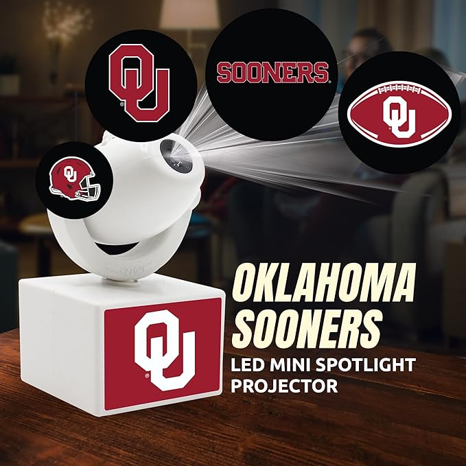 Sporticulture NCAA American Football Oklahoma Sooners - Adjustable Led Mini Spotlight Projector with 6 Team Logo Designs - Portable &amp Rechargeable Spotlight - Battery-Operated - 4.375” x 3.125”