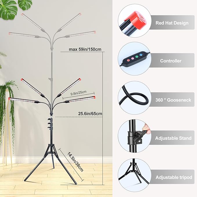 FECiDA Gamechanger! 36 Watt Power Draw NO Need Adapter 4Head Grow Light with Tripod Stand 2026 Big Coverage LED Grow Lights for Indoor Tall Plants Bonsai Tree 4/8/12/16/20H Timer