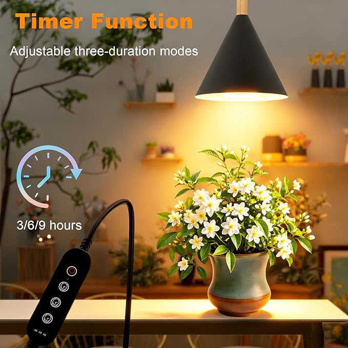 Hanging Grow Lights for Indoor Plants 20W Full Spectrum Plant Lamp with Timer Adjustable Height Wall-Mounted 3000K Growlight with 14.5 ft Power Cord for Greenhouse Garden Large Plants (Black)