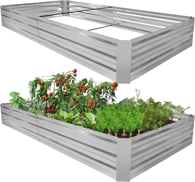 HKLGorg Galvanized Raised Garden Bed 8 x 4 x 1ft Galvanized Planter Large Metal Planter Box Raised Garden Bed for Flowers Vegetables and Fruits Rustproof Planter Box with No Bottom Silver