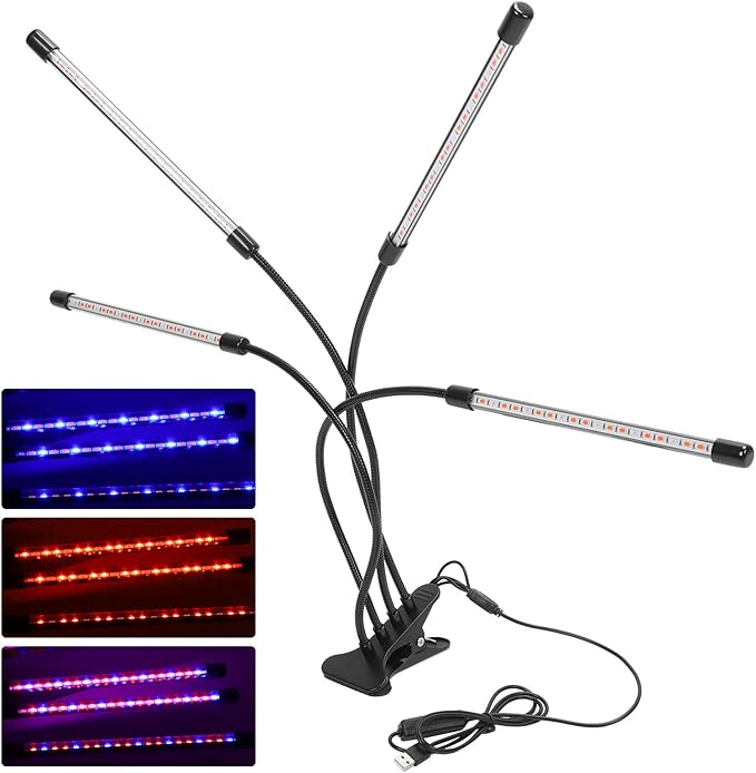 EVTSCAN 4 Head LED Timing Plant Grow Light with Clamp Full Spectrum Red Blue Felxible Grow Lamp