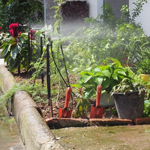 Drip Irrigation Micro Spray Emitter on 20 inch Stake with 1/4 Tubing and Barbed Coupler 180° Half Circle Pattern 8.5’ Spraying Distance