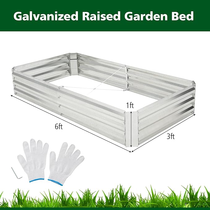 Giantex Galvanized Raised Garden Bed 6x3x1ft Large Metal Planter Box with Gloves Outdoor Bottomless Planter Raised Bed Kit for Vegetables Flowers Herbs Fruits Silver