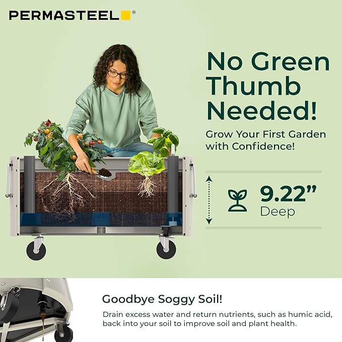 Permasteel Self-Watering Garden Bed Rolling Planter for Vegetables Flowers Herbs and Fruit Outdoor Indoor Caster Wheels Ivory