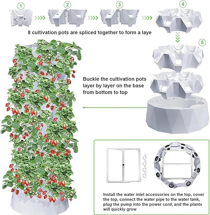 Hydroponic Tower Hydroponic Tower Culture System Fruits and Vegetable Cultivation Kit with Moisturizing Pump Timer Adapter Planting Bed and Network Pots for