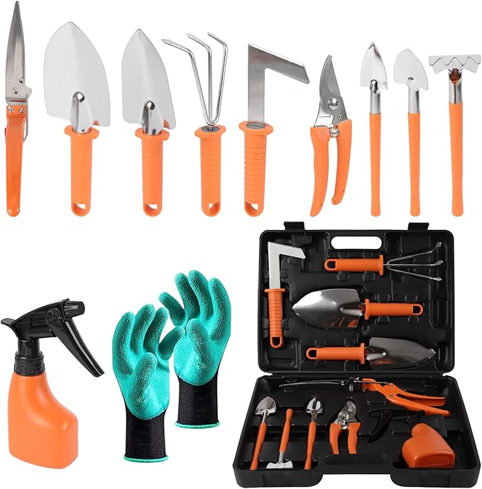 Gardening Tool Set 11 Pieces Gardening Tools with Carrying Case Garden Tool Kit for Digging Planting Pruning Unique Gardening Set with Gloves for Women and Men (Orange)
