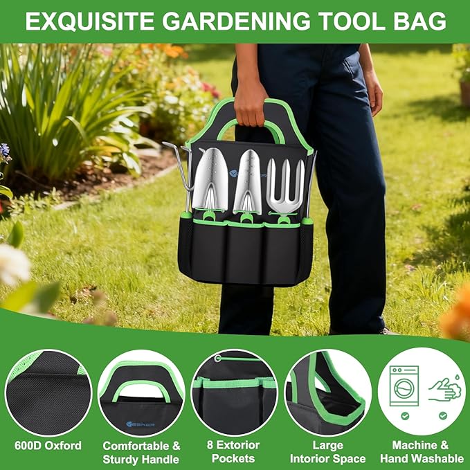 Yesker Gardening Tools 7-Piece Heavy Duty Garden Tool Set Gardening Supplies Gifts for Women Men Gardening Hand Tool Kit with Non-Slip Ergonomic Handle Durable Garden Bag Pruning Shears Black Green