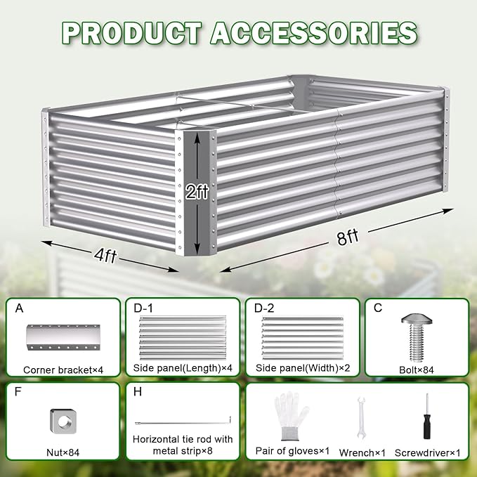 Galvanized Raised Garden Bed Kit Outdoor Patio8x4x2ft Large Rectangular Metal Planter BoxesDeep Root Box Planter for Gardening Vegetables Flowers Herbs 1 Pack Silver