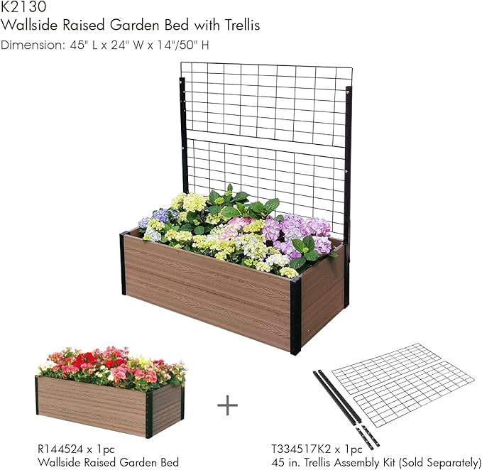 Everbloom Modular Wallside Wood Plastic Composite Raised Garden Bed with Open Bottom 45” L x 24” W x 14” H-Revitalize Your Green Space with The Ultimate Yard Planters for Veggies Flowers&ampHerbs
