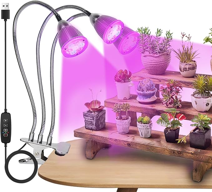 CFGROW Small Led Grow Light Desk Clip LED Plant Grow Lamp 21W with 3pcs 360° Flexible Goosenecks for Indoor Office Home Garden Greenhouse Table Plants Growing Lighting