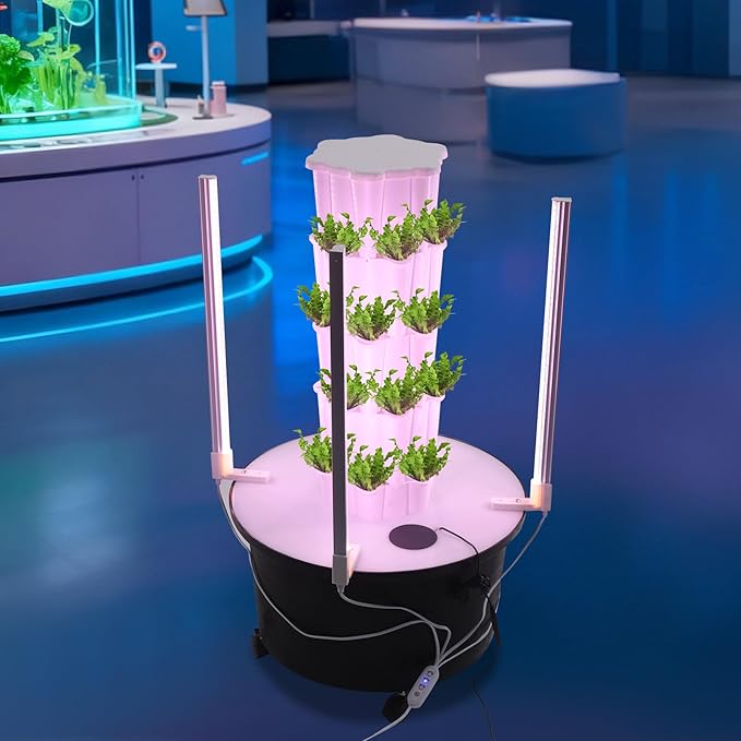 4 Tier Hydroponic Growing Tower with Led Grow Lights Water Pump 24 Planting Pots Vertical Garden Indoor Outdoor Automatic Water Circulation System Locking Wheels for Home Patio Balcony