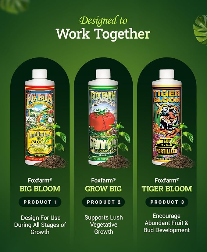 FoxFarm Soil Liquid Trio Pack - Big Bloom Grow Big Tiger Bloom Fertilizers for Vigorous Plant Growth Bud Development &amp Abundant Fruit - Complete Liquid Plant Food Set - 3 Pint Bottles