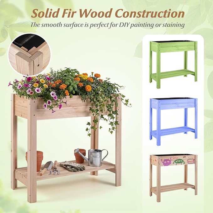 Giantex Wood Raised Garden Bed w/Lower Shelf Planter Box with Legs for Flower Herb Vegetable Fruit Indoor Outdoor Elevated Raised Beds for Gardening Backyard Patio Balcony