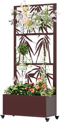 Metal Mobile Planter Box with Trellis 75x 32x 15 Moblie Planter Box Trellis with Privacy Screen Drainage Holes and 4 Lockable Wheels Brown Bamboo Style