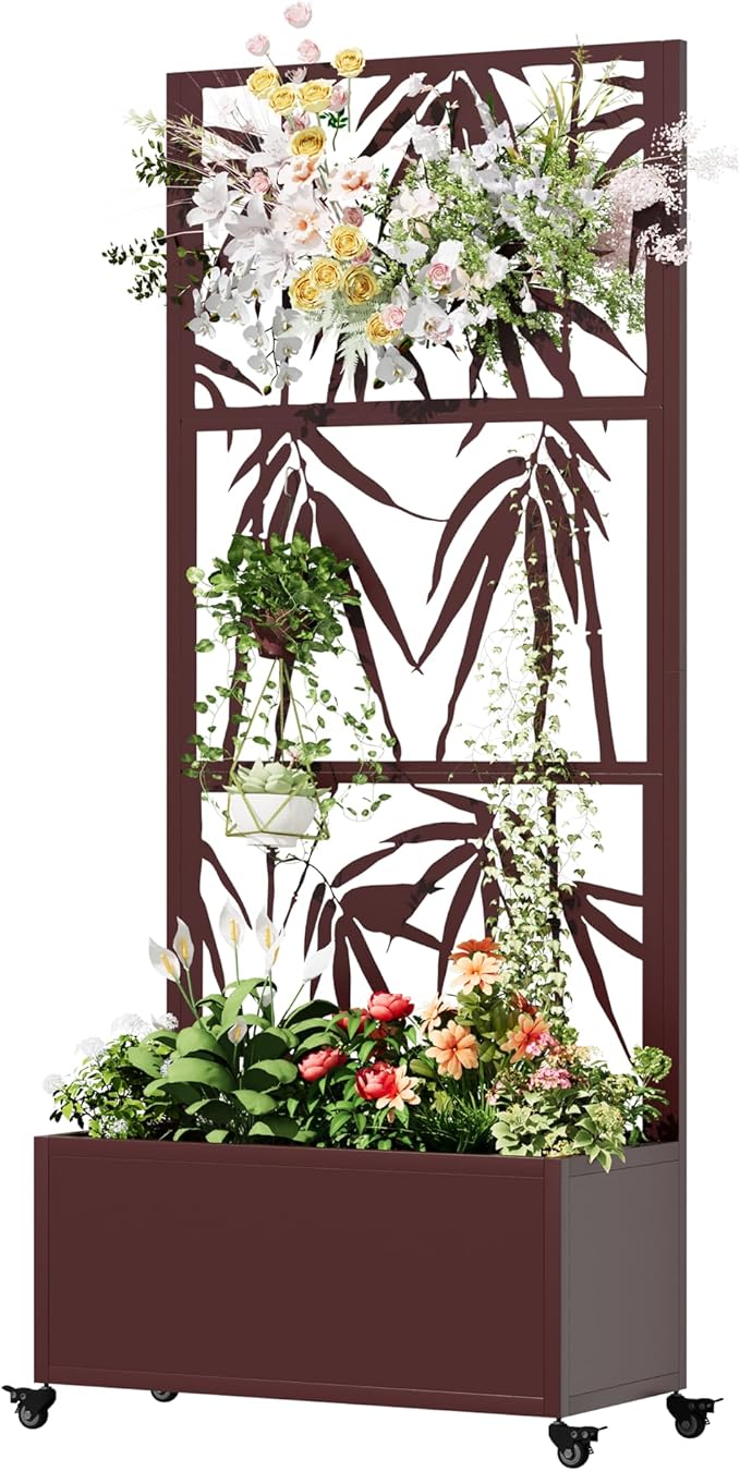 Metal Mobile Planter Box with Trellis 75x 32x 15 Moblie Planter Box Trellis with Privacy Screen Drainage Holes and 4 Lockable Wheels Brown Bamboo Style