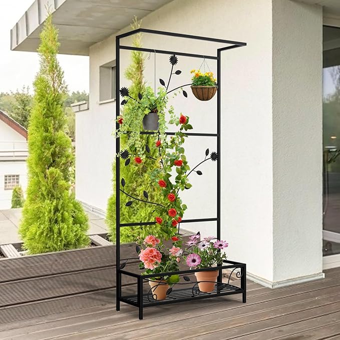 Metal Planter Stand with Trellis - Raised Planter Box Hanging Planters Outdoor Elevated Garden Bed for Vegetables Flower Herb