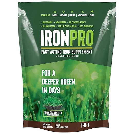 Earth Science IronPro Fast Acting Lawn Garden Iron Supplement–5 lb–Deep Green Results for Grass Flowers Vegetables &amp Shrubs Non-Staining &amp Non-Burning Easy Apply Formula Covers 1600 Sq.