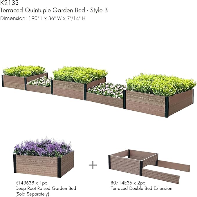 Everbloom Modular 36” Terraced Double Bed Extension (Only Used Raised Garden Bed R073638 R143638 or R0714D36)-Unlimited Possibilities for A Premium Garden Bed