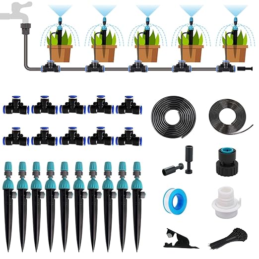 Drip Irrigation System50FT Main Pipe and 16FT Branch Pipe10 Adjustable Drippers with Piles Quick Socket Connection.Plant Watering System of Garden Potted Elevated Garden Bed.(Dual-Purpose Nozzle)