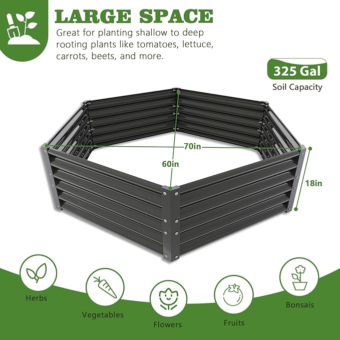 A ANLEOLIFE Hexagon Galvanized Metal Raised Garden Bed Outdoor 70x60x18in Deep Metal Planter Box for Flowers Herbs &amp Vegetables 18'' Tall Decorative Raised Bed Quartz Grey