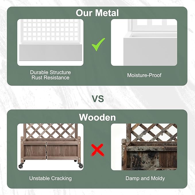 Metal Raised Garden Beds Outdoor with Trellis &amp Privacy Screen for Outdoor Plants Planter Box for Climbling Plants Flowers Vine Large Garden Boxes with Drainage Holes (47L×16W×71H White)