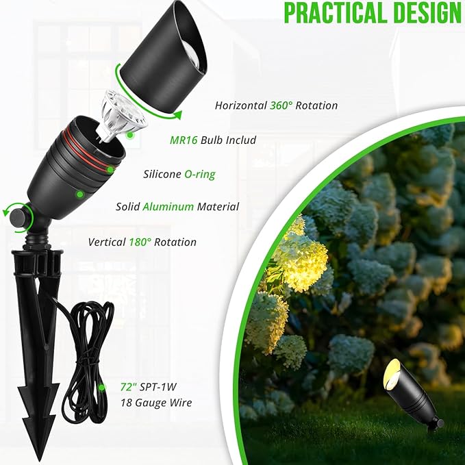 wowlite Low Voltage Spot Lights Outdoor LED 4 Pack Die-cast Aluminum Landscape Spotlights Waterproof Black Uplights with MR16 Bulbs Ground Stake for Garden Courtyard Pathway