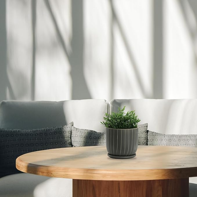 Generic 8 Stripes Planter W Saucer Gray
