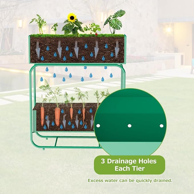 kinbor 2 Tier Elevated Raised Garden Bed Outdoor - Set of 2 Durable Planter Boxes for Vegetables Flowers &amp Herbs (29” Tall Rust-Resistant Steel Green)